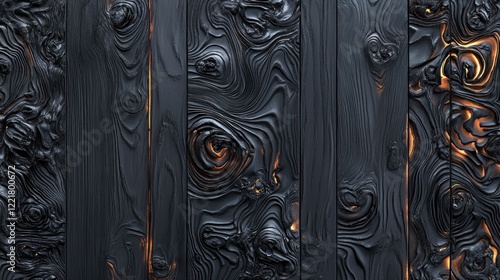 Fototapeta Naklejka Na Ścianę i Meble -  Abstract dark wood plank texture with glowing orange swirls.