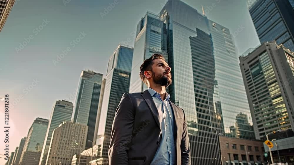 Confident wealthy rich successful business man standing in big city modern skyscrapers street on sunset thinking of successful future vision, dreaming of new investment opportunities Confident wealthy rich successful business man standing in big city modern skyscrapers street on sunset thinking of successful future vision, dreaming of new investment opportunities