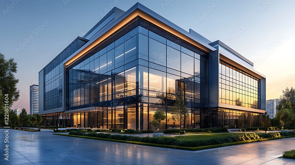 Obraz premium A sleek contemporary office building showcasing glass architecture in a vibrant urban setting.