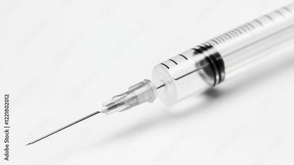 A high-resolution close-up of a medical needle and syringe, with a clean white background, Minimalist style A high-resolution close-up of a medical needle and syringe, with a clean white background, Minimalist style