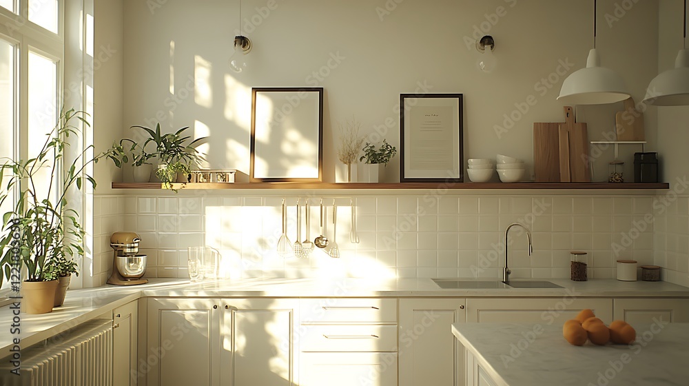 Fototapeta premium A bright and airy kitchen with natural light and plants creating a serene home environment.