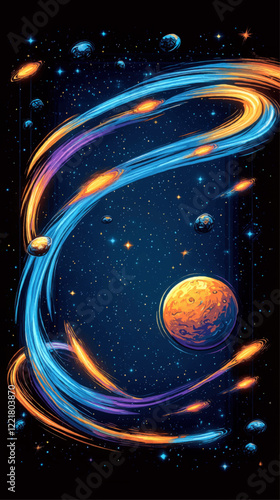 Stunning Vector Illustration of Colorful Planets, Stars, and Cosmic Swirls in a Dynamic Galaxy Universe with Vibrant Planetary Colors and Nebulae