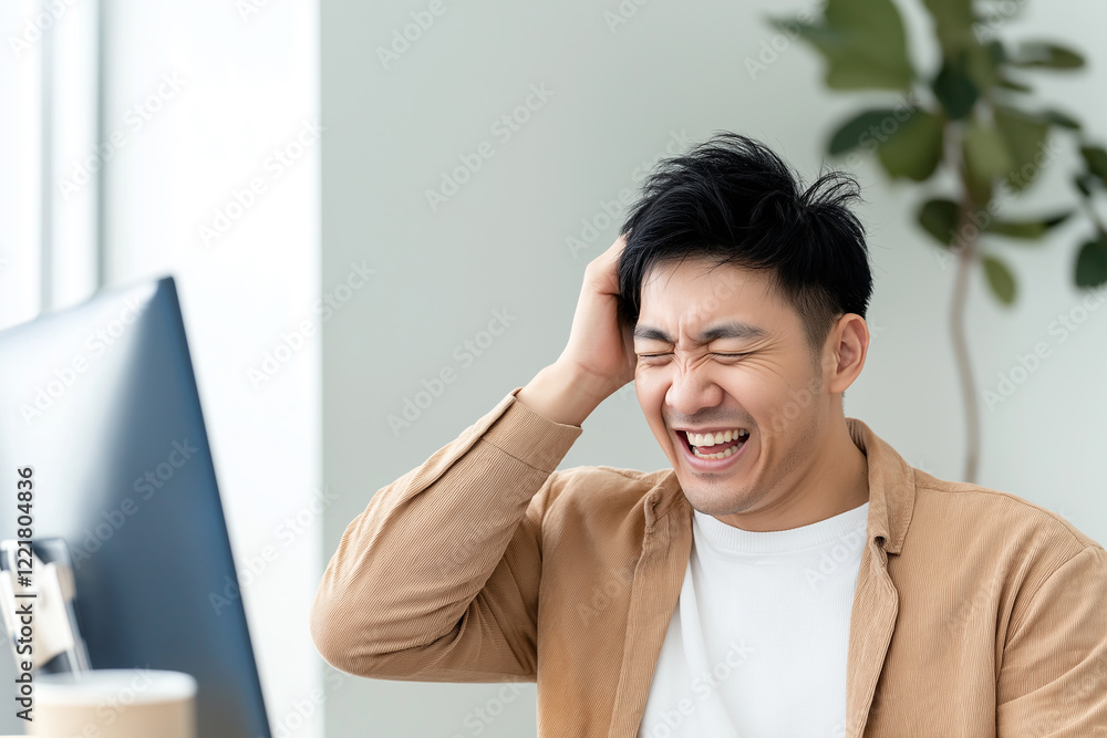 Asian freelancer laughing while touching hair in home office Asian freelancer laughing while touching hair in home office
