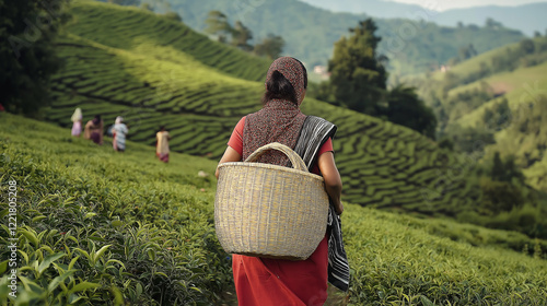 Wallpaper Mural Tea picker walking in plantation with large wicker basket on her back Torontodigital.ca