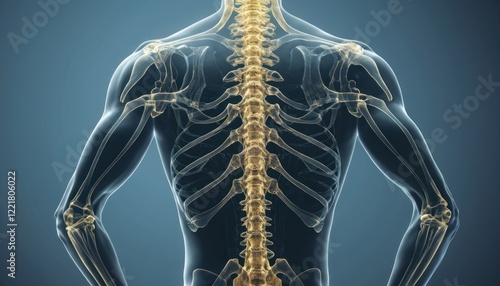 3D rendered illustration of a human body, showcasing the shoulder and back in a realistic anatomical pose, resembling a medical sculpture or mannequin model