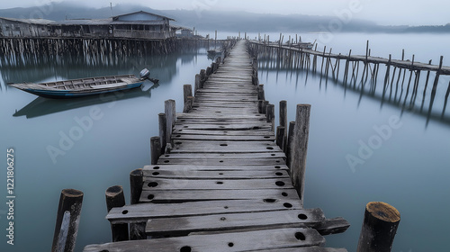 Long wooden pier leading to misty fishing village with boat photo