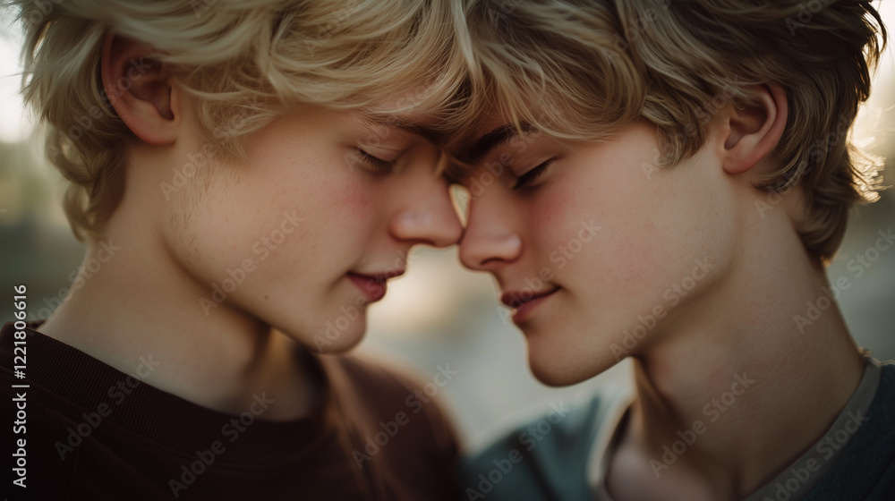 Two young men stand close in the golden hour, their faces near each other in a serene and heartfelt moment. A poetic image representing emotional connection, warmth, and timeless friendship