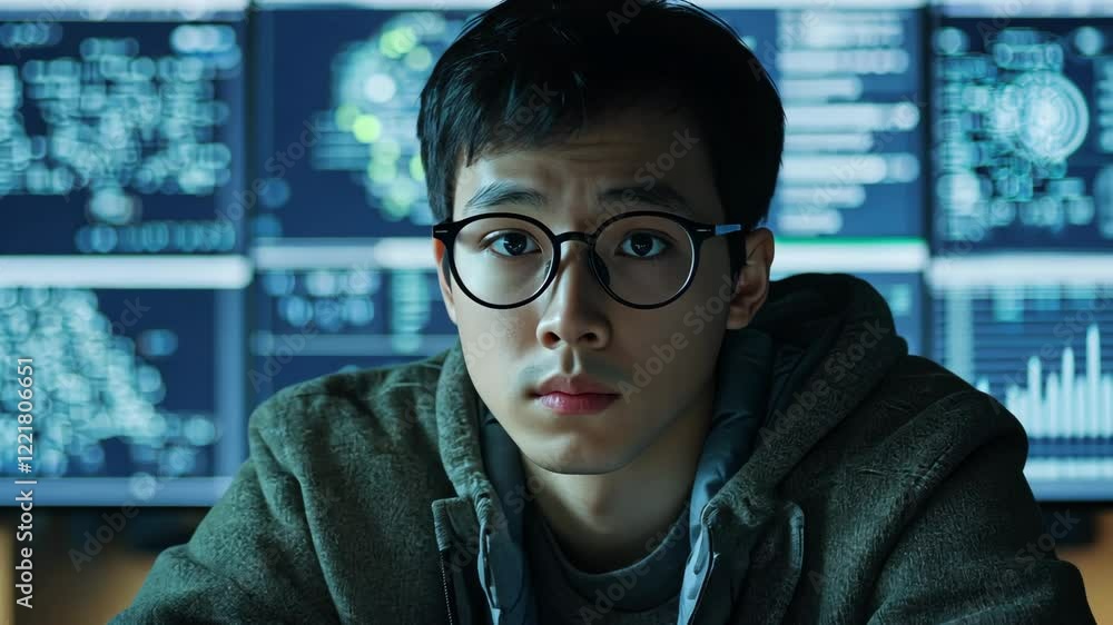 Young man focused on computer screens displaying complex data in a dimly lit room Young man focused on computer screens displaying complex data in a dimly lit room