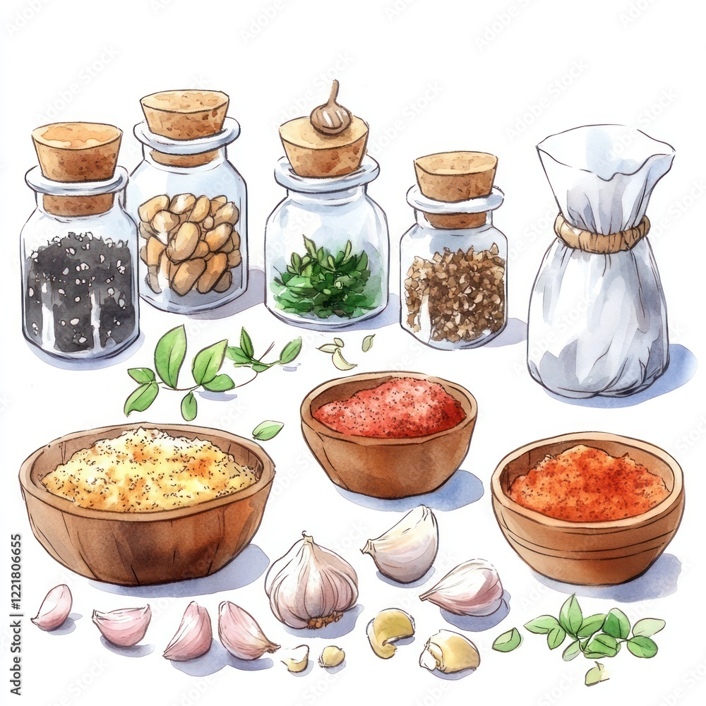 An assortment of spices and herbs in glass jars, bowls, and bags. An assortment of spices and herbs in glass jars, bowls, and bags.