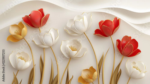 A stylized floral wallpaper is displayed with white, red, and yellow tulips