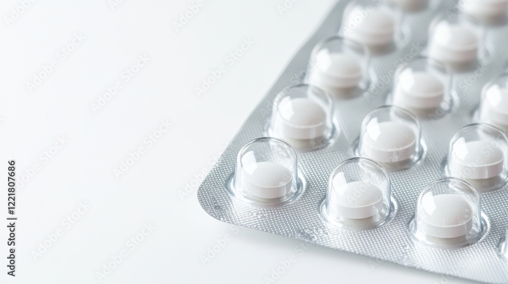 A high-resolution close-up of a medical pill blister pack with clear pills, on a white background, Minimalist style A high-resolution close-up of a medical pill blister pack with clear pills, on a white background, Minimalist style