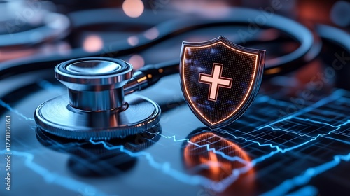 Stethoscope and glowing shield protect digital health data. AI Generated