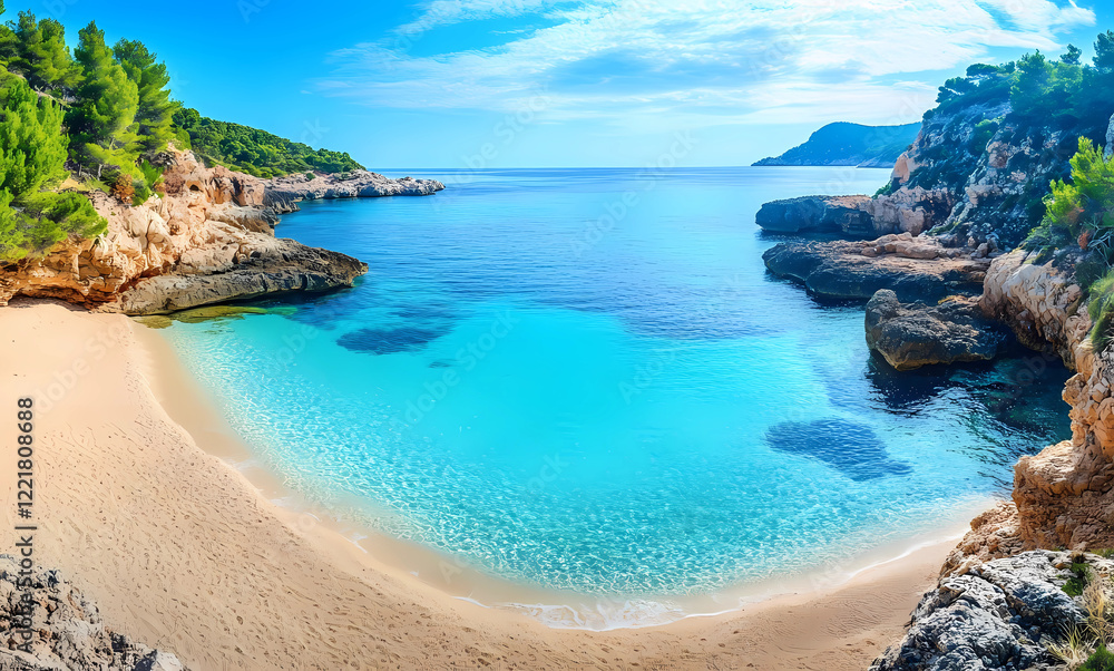 Fototapeta premium A beautiful beach with a clear blue ocean and a rocky shore