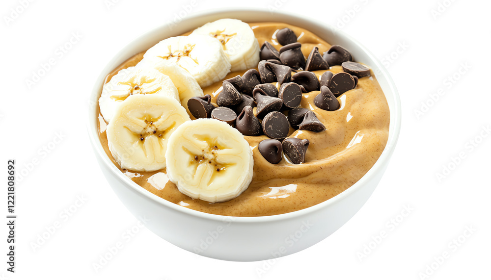 A delicious bowl of peanut butter smoothie topped with banana slices and chocolate chips, perfect for breakfast. A delicious bowl of peanut butter smoothie topped with banana slices and chocolate chips, perfect for breakfast.