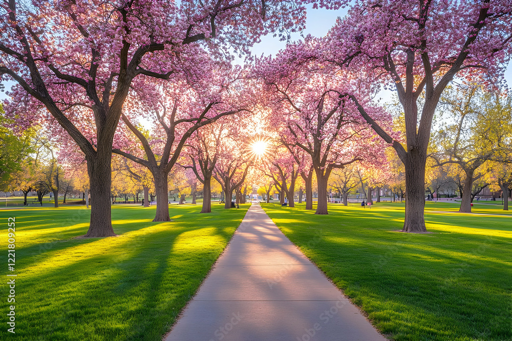 Naklejka premium Spring sunset, pink trees, park path