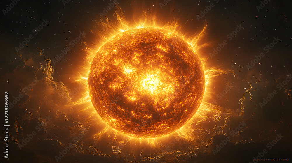 Obraz premium A large orange sun is the center of a fiery scene. The sun is surrounded by a lot of fire and smoke, creating a dramatic and intense atmosphere. Concept of danger and destruction