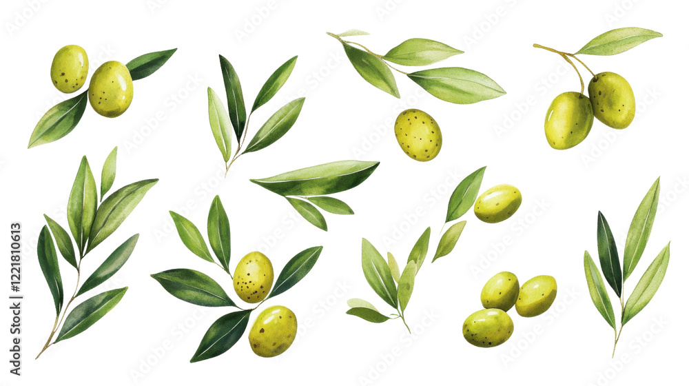 Green olives with leaves on transparent background Green olives with leaves on transparent background