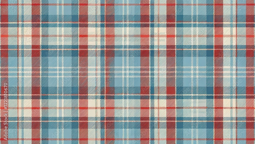 Seamless Plaid Pattern in Blue, Red, and Cream Tones A Textured Fabric Design Seamless Plaid Pattern in Blue, Red, and Cream Tones A Textured Fabric Design