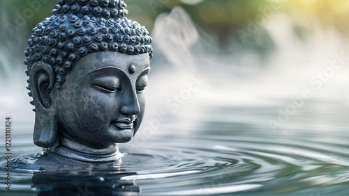 Serene Buddha statue in water, peaceful garden background, meditation concept, wellness imagery