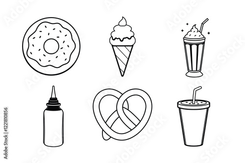 A Bundle of fast food  line art black Vector illustration isolated icon