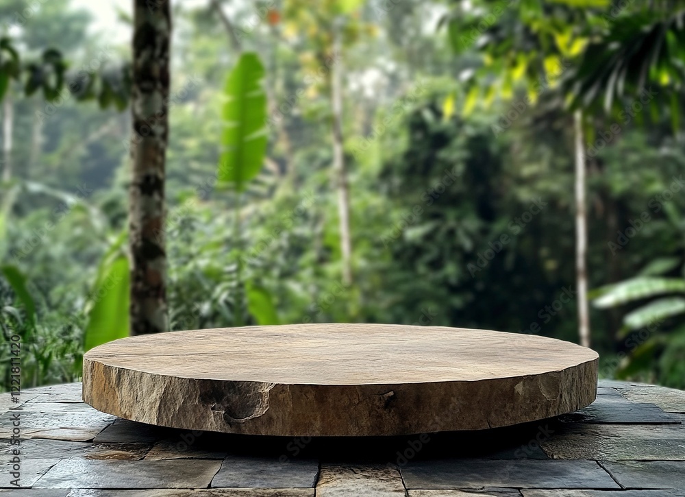 Podium batu dengan latar belakang hutan tropis, cocok untuk presentasi produk. Pemandangan with generative ai Podium batu dengan latar belakang hutan tropis, cocok untuk presentasi produk. Pemandangan with generative ai