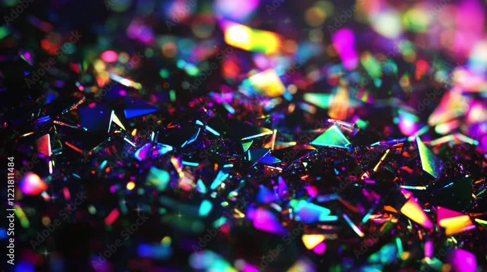 Abstract glittery background with rainbow light rays and confetti, dark black background video footage copy space. Abstract glittery background with rainbow light rays and confetti, dark black background video footage copy space.