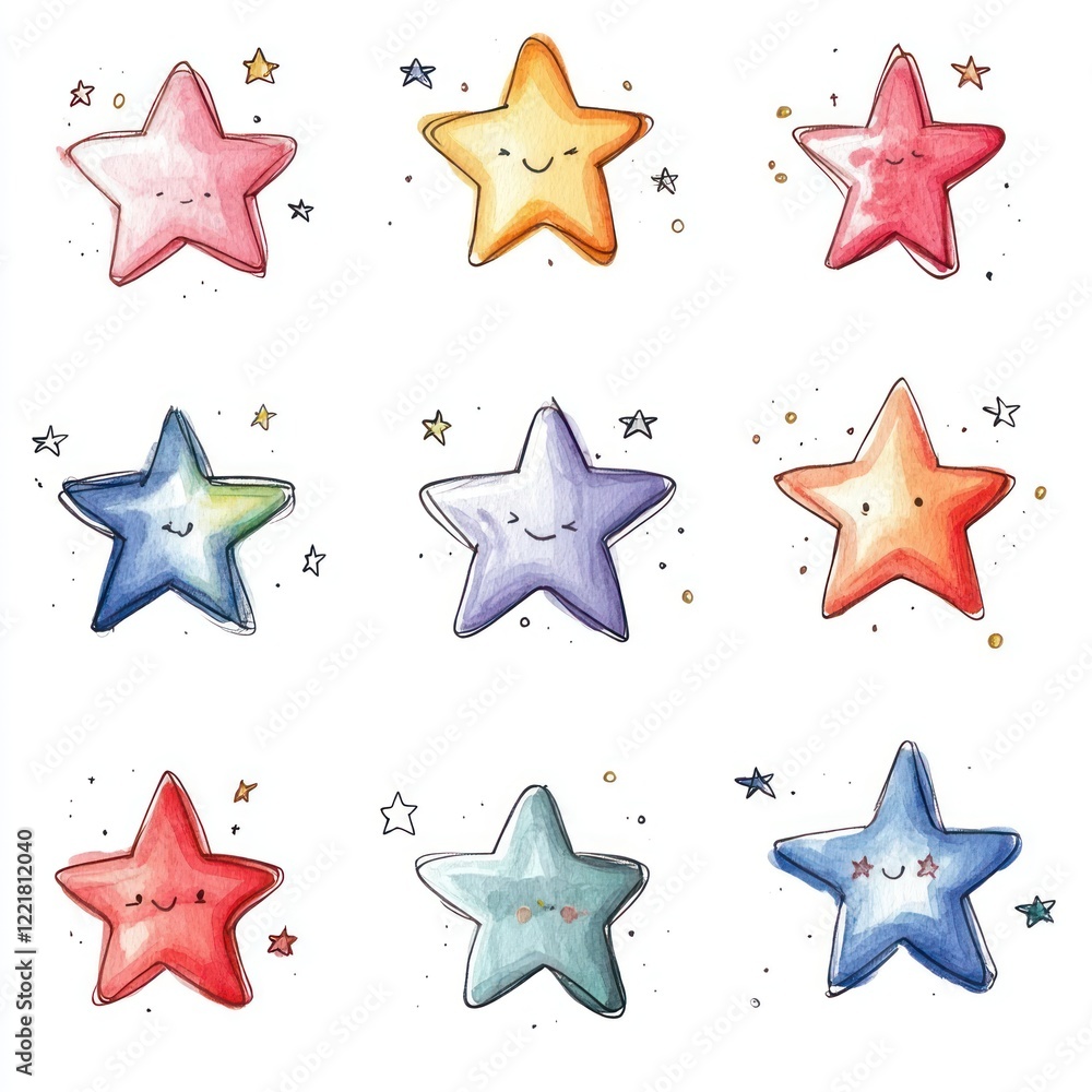 Nine colorful cartoon stars with smiling faces on a white background. Nine colorful cartoon stars with smiling faces on a white background.