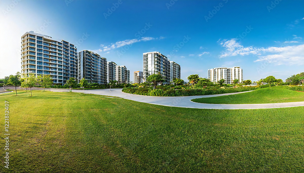 A newly built apartment building under the blue sky. A high-rise apartment building with various types of apartments. A newly built apartment building under the blue sky. A high-rise apartment building with various types of apartments.
