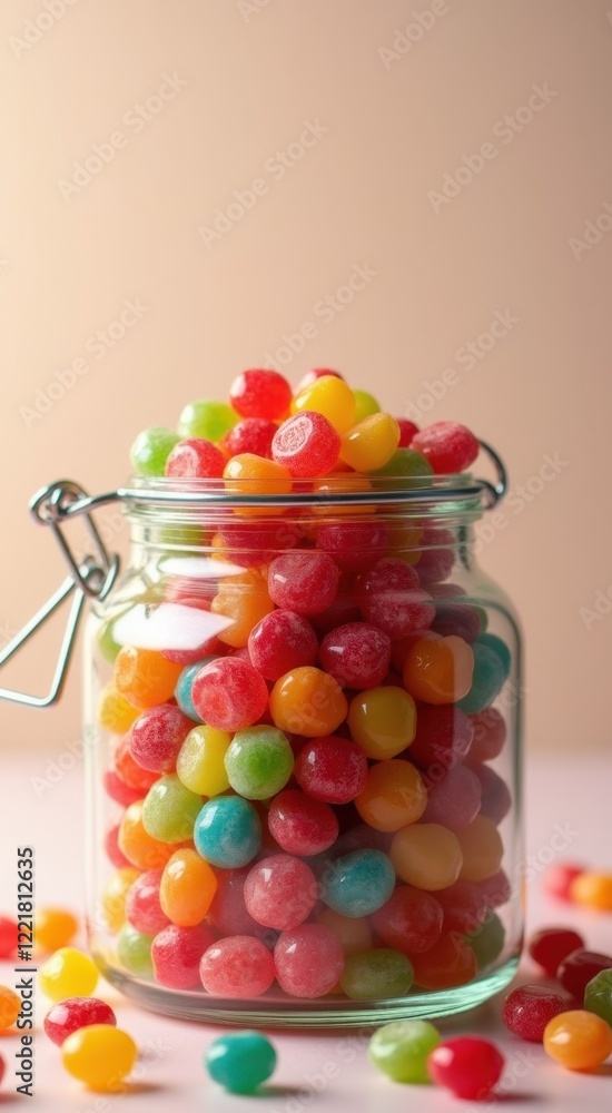 Glass jar filled with jelly beans on a table Glass jar filled with jelly beans on a table