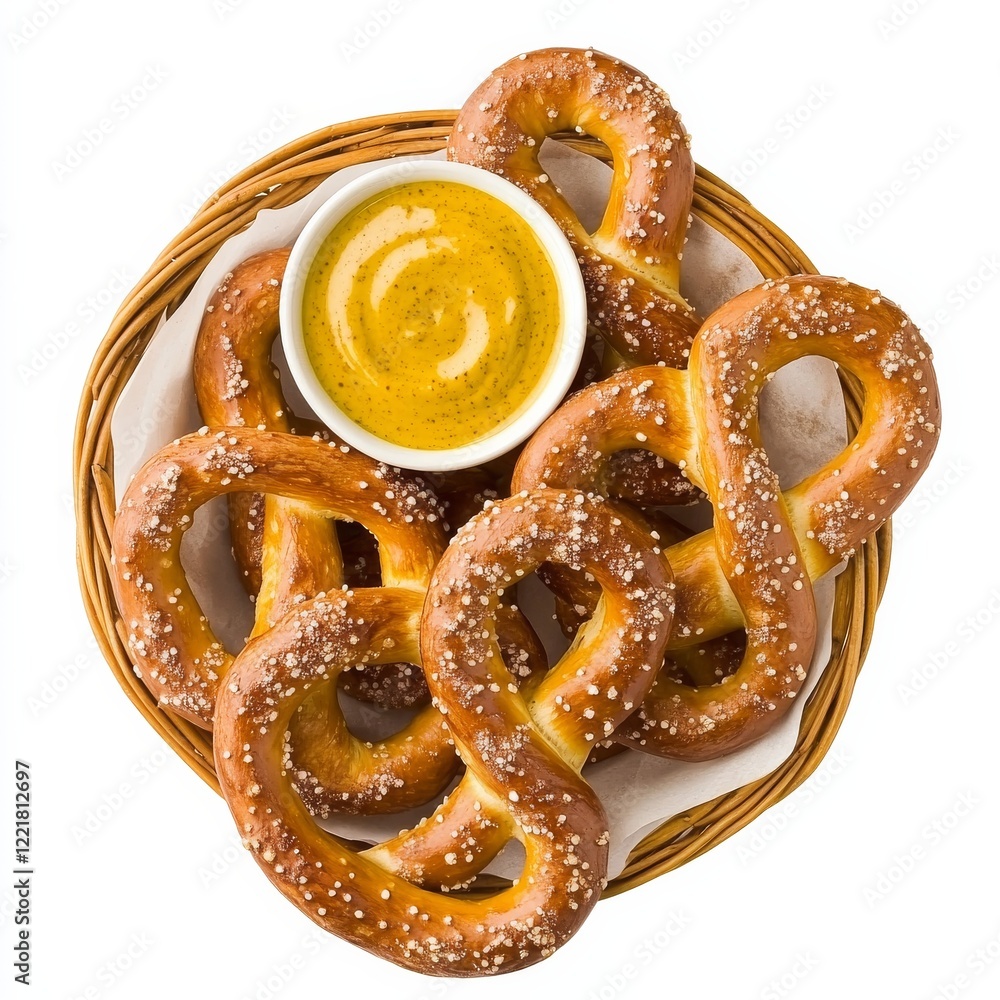 A basket of freshly baked pretzels with mustard dip, isolated white background, minimalism art style A basket of freshly baked pretzels with mustard dip, isolated white background, minimalism art style