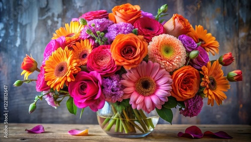 Wallpaper Mural Vibrant bouquet of multicolored roses, gerbera daisies, and other blossoms arranged in a clear glass vase on a rustic wooden surface Torontodigital.ca