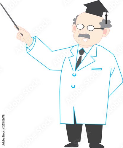 ポインター、指示棒を持って講義する博士の全身のベクターイラスト