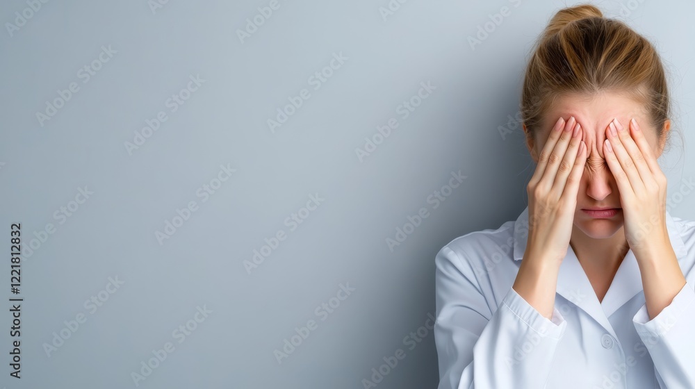 A stressed blonde businesswoman holding her head in shock A stressed blonde businesswoman holding her head in shock