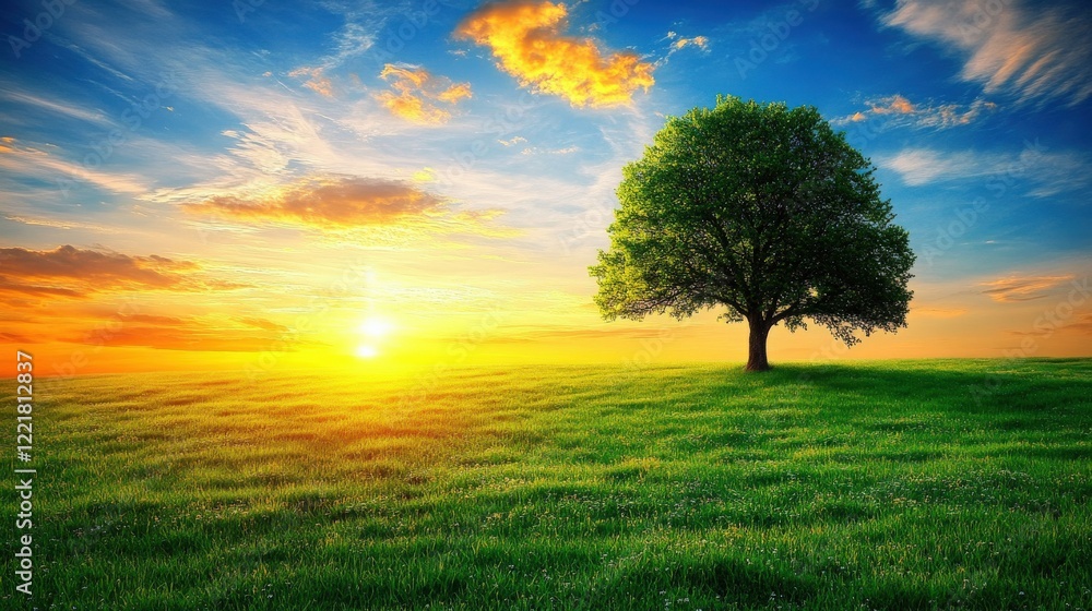 Fototapeta premium Majestic Tree Under Vibrant Sunset in Picturesque Landscape