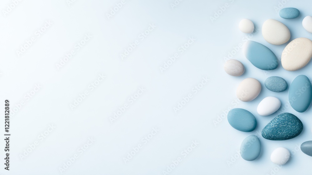 Soothing serenity, an arrangement of white and blue pebbles on a vibrant blue backdrop Soothing serenity, an arrangement of white and blue pebbles on a vibrant blue backdrop