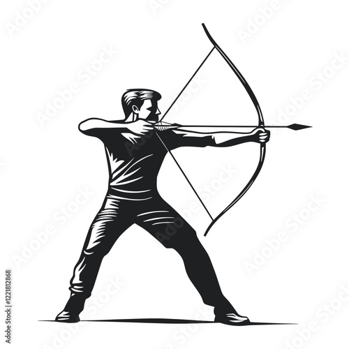 Simple full body of archery linear illustration black white vector