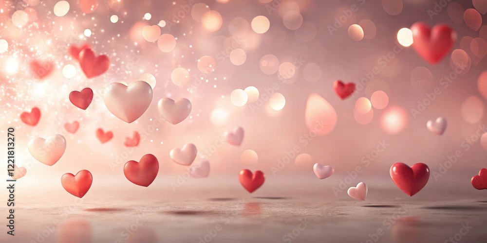 Romantic Floating Hearts Background Pink and Red Hearts Suspended in Air with Soft Bokeh Lights Romantic Floating Hearts Background Pink and Red Hearts Suspended in Air with Soft Bokeh Lights