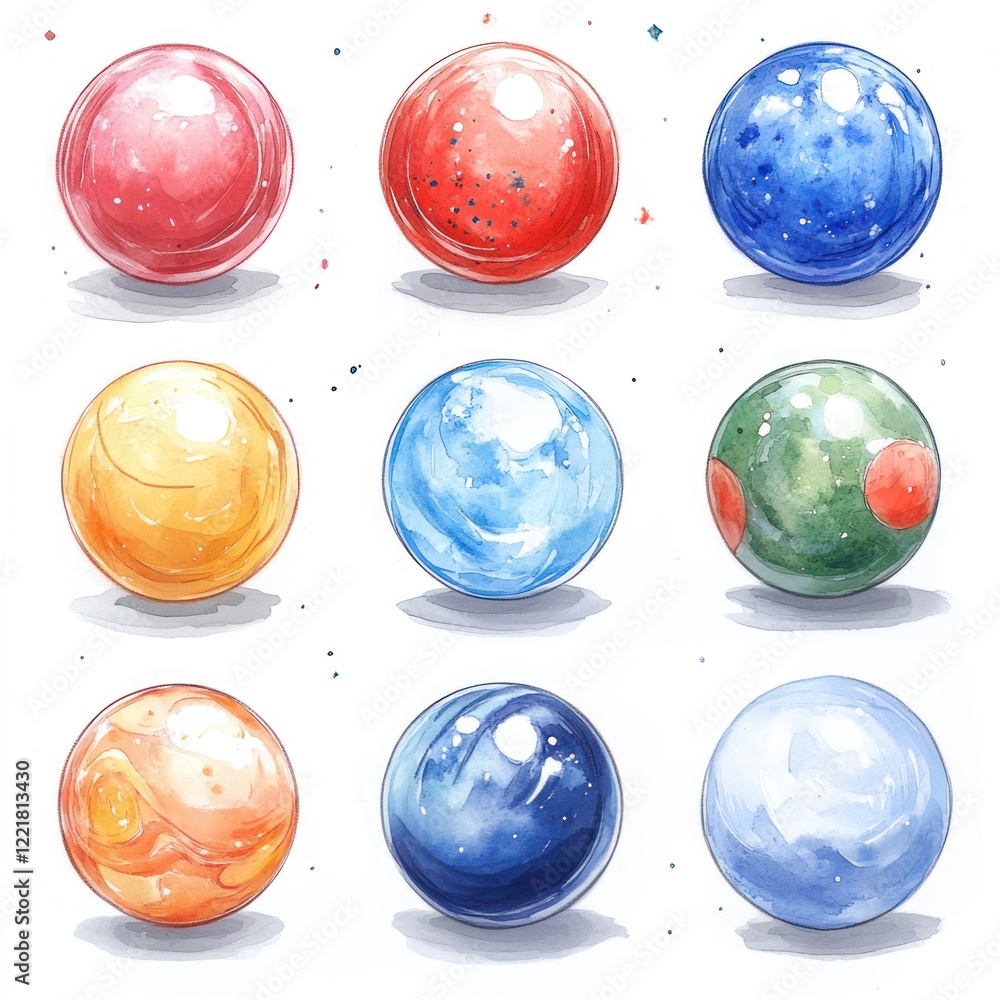 Nine colorful, hand-drawn, glossy marbles isolated on a white background. Nine colorful, hand-drawn, glossy marbles isolated on a white background.