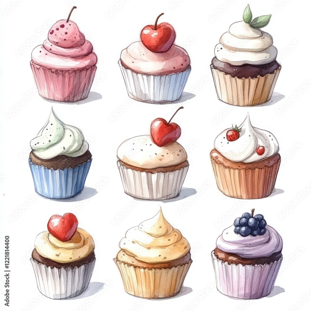 Nine hand-drawn cupcakes with different frosting, toppings, and colors. Nine hand-drawn cupcakes with different frosting, toppings, and colors.