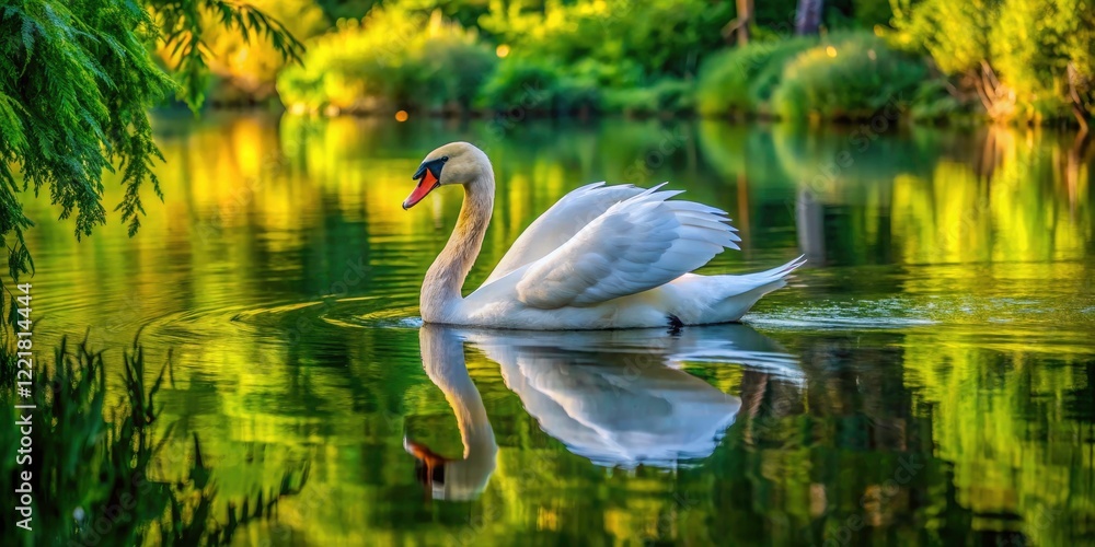 Obraz premium Aerial View of Mute Swan (Cygnus Olor) Gliding Gracefully on Calm Water Surrounded by Lush Greenery and Reflections in Nature's Tranquil Setting for Wildlife Photography