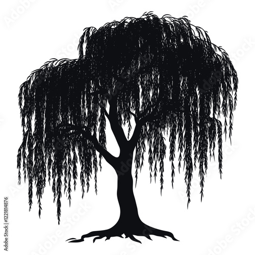 Weeping willow tree illustration silhouette black vector