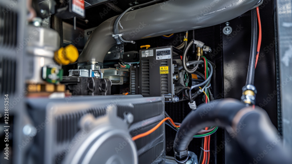 Detailed shot of HVAC unit internal components showcasing pipes and wiring Detailed shot of HVAC unit internal components showcasing pipes and wiring
