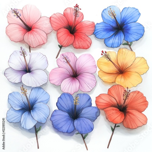 Wallpaper Mural Nine vibrant hibiscus flowers in various colors, isolated on a white background. Torontodigital.ca