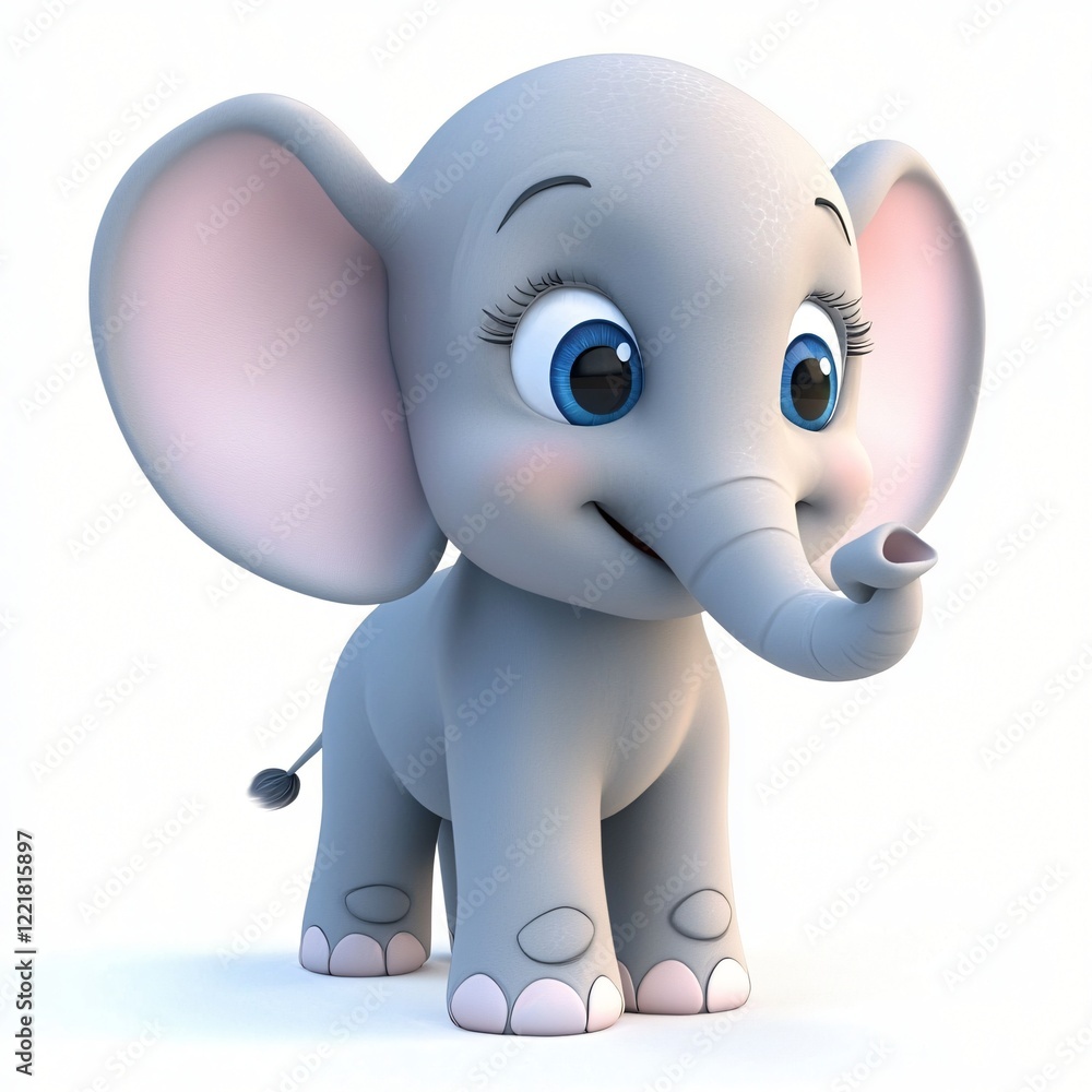 Fototapeta premium Adorable Baby Elephant Cartoon Character 3D Render Cute Gray Elephant Calf