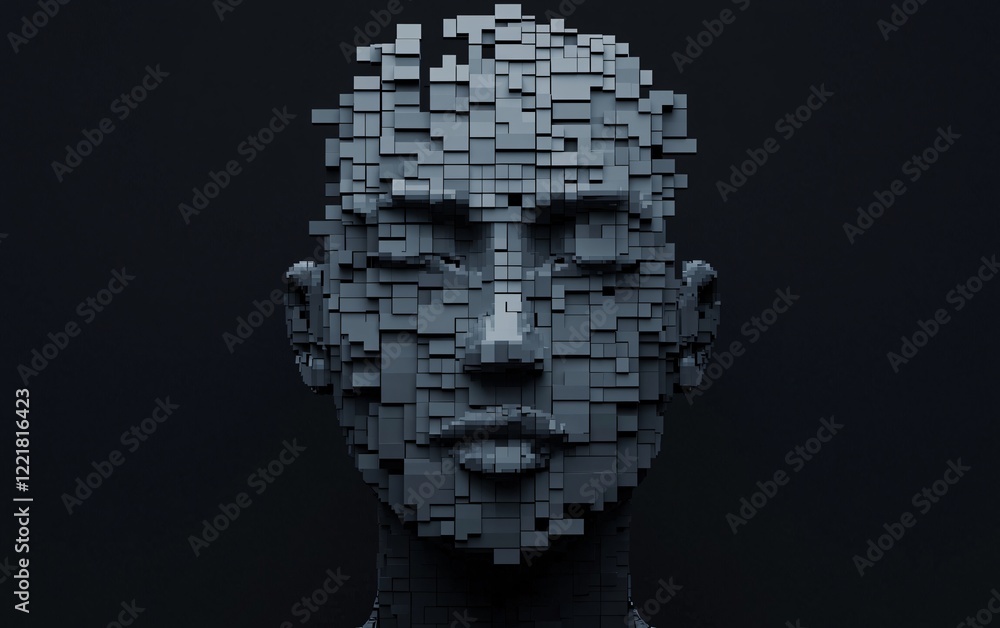 Obraz premium Abstract Digital Human Face Composed of Gray Cubes Pixelated 3D Portrait Technology Concept