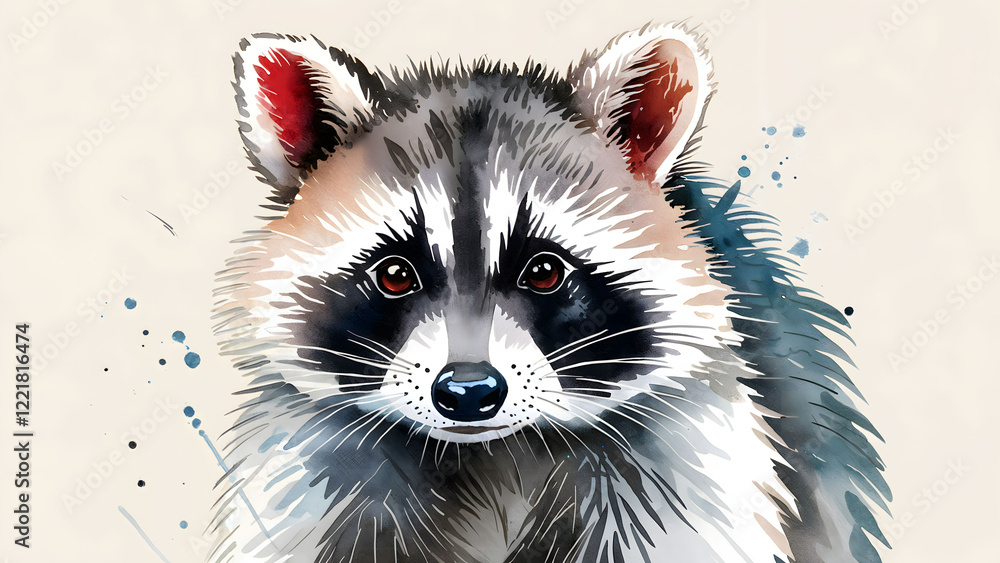 Obraz premium Watercolor Painting of a Raccoon with Soft Brushstrokes and Blue Accents on a Light Beige Background