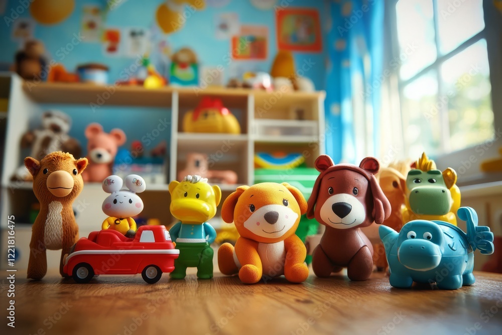 A delightful assortment of playful toys set against a children's room backdrop. A delightful assortment of playful toys set against a children's room backdrop.
