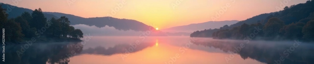 Fototapeta premium Misty dawn on a serene lake with rolling hills and trees, foliage, hill, morning