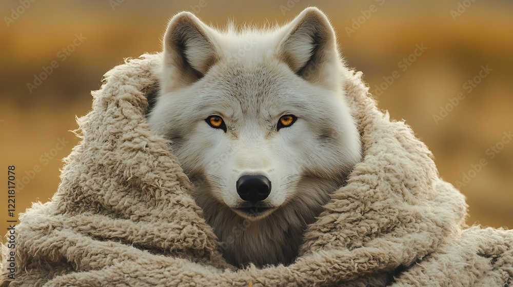Obraz premium Arctic Wolf Cozily Wrapped Warm Golden Light. AI Generated