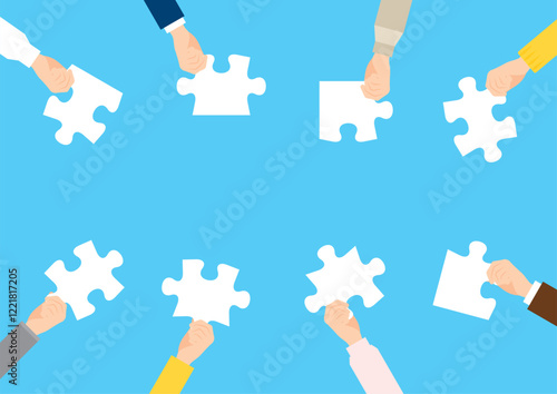 コラボレーションをイメージしたイラスト。パズルを持った人々　文字なし